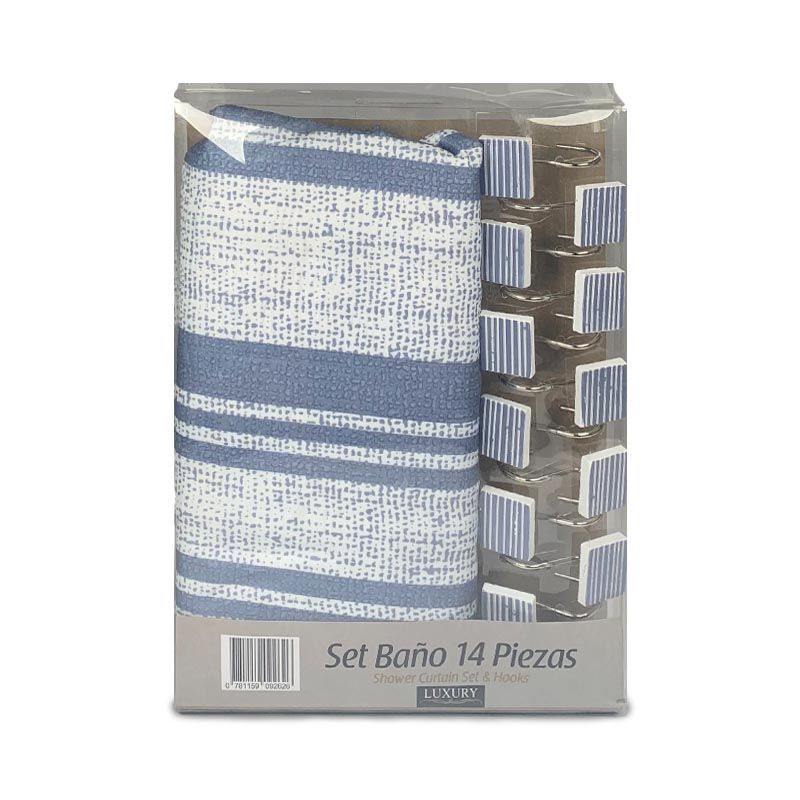 Set de Baño 14 Piezas con Ganchos Metálicos / Líneas Azul - Doral | BUALE