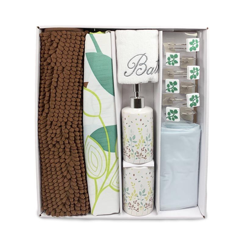 Set de Baño Ema 18 Piezas / Flores Verde Gris - Doral - BUALE