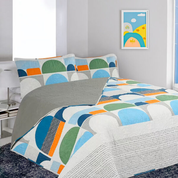Quilt Hotpress Estampado 2 Plazas / Círculos Verde Azul y Celeste - Doral