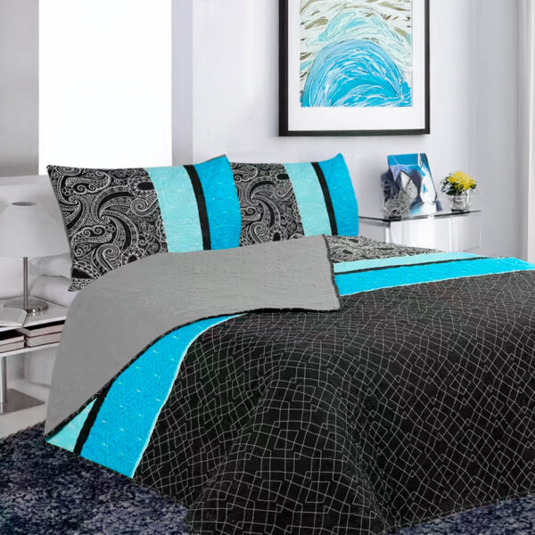 Quilt Hotpress Estampado 2 Plazas / Franja Negro y Celeste - Doral