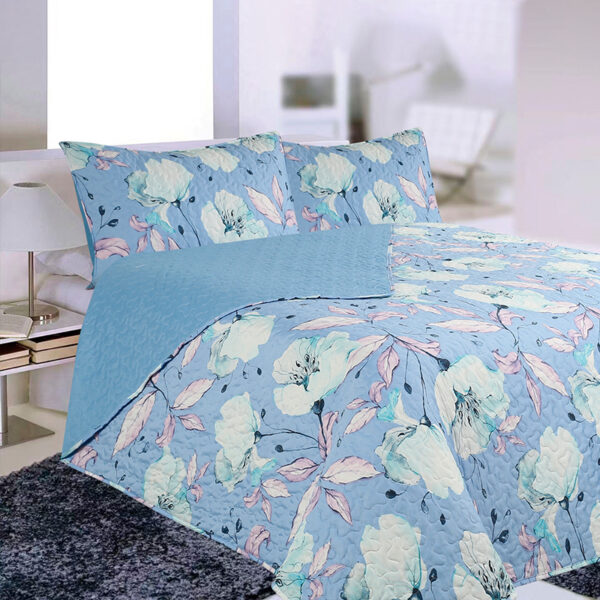Quilt Stitchy Estampado 1.5 Plazas / Flores Celeste y Lila - Doral