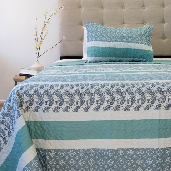 Quilt Stitchy Estampado 1.5 Plazas / Franjas Turquesa y Blanco - Doral