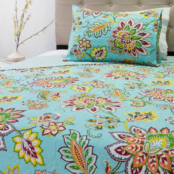 Quilt Stitchy Estampado 1.5 Plazas / Flor Turquesa y Amarillo - Doral - Imagen 3