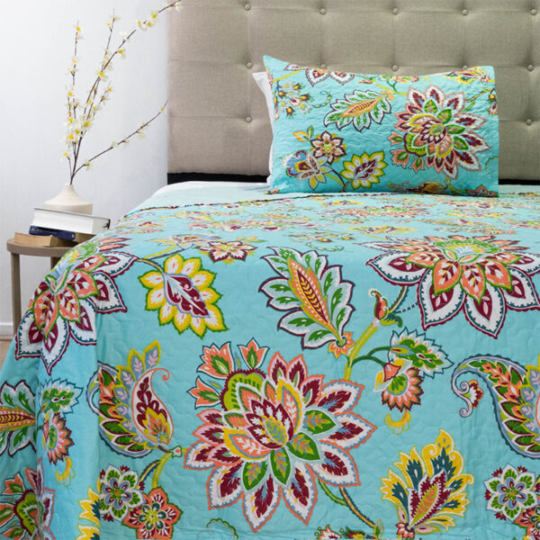 Quilt Stitchy Estampado 1.5 Plazas / Flor Turquesa y Amarillo - Doral