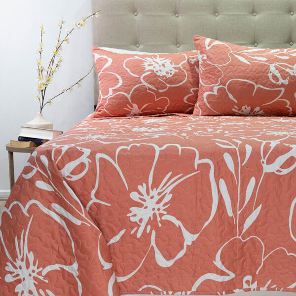 Quilt Stitchy Estampado 2 Plazas / Flor Coral y Blanco - Doral