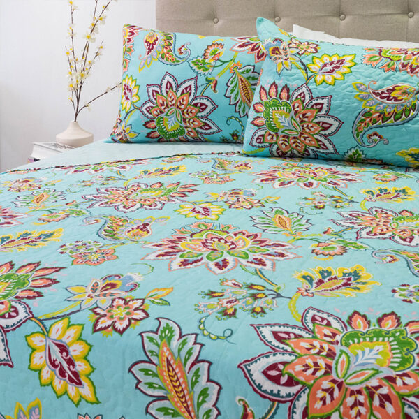 Quilt Stitchy Estampado 2 Plazas / Flores Turquesa y Amarillo - Doral - Imagen 3
