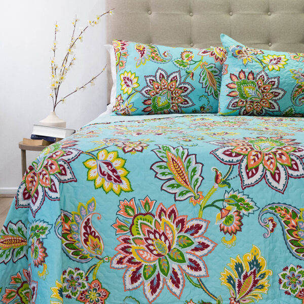 Quilt Stitchy Estampado 2 Plazas / Flores Turquesa y Amarillo - Doral