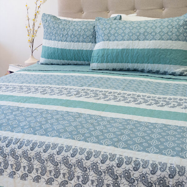 Quilt Stitchy Estampado 2 Plazas / Franjas Turquesa y Blanco - Doral - Imagen 3