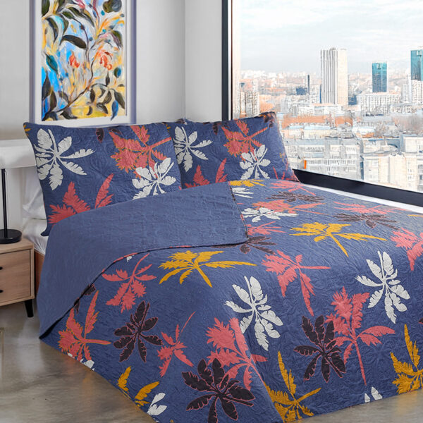 Quilt Hotpress Estampado 2 Plazas / Hojas Azul y Multicolor - Doral