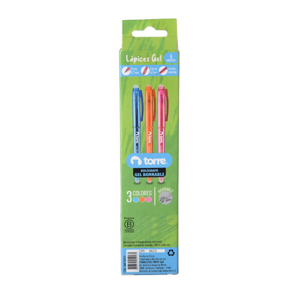 Bolígrafos Gel Borrables 0.7 mm 3 Und. Blíster Fun- Torre